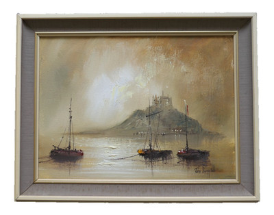 John Bampfield (geb.1947) Öl auf Leinwand. Festgemachte Boote vorne St Michaels Mount