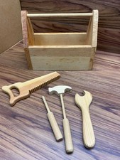 Vtg Kid Toddler Wooden Toolbox Caddy Tote Hand Saw Screwdriver Wrench Hammer Toy