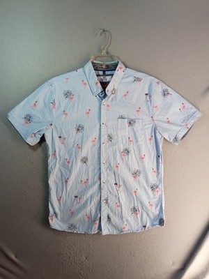MBX Premium Goods Mens Resort Shirt Large Blue Flamingo Fireworks Button Down
