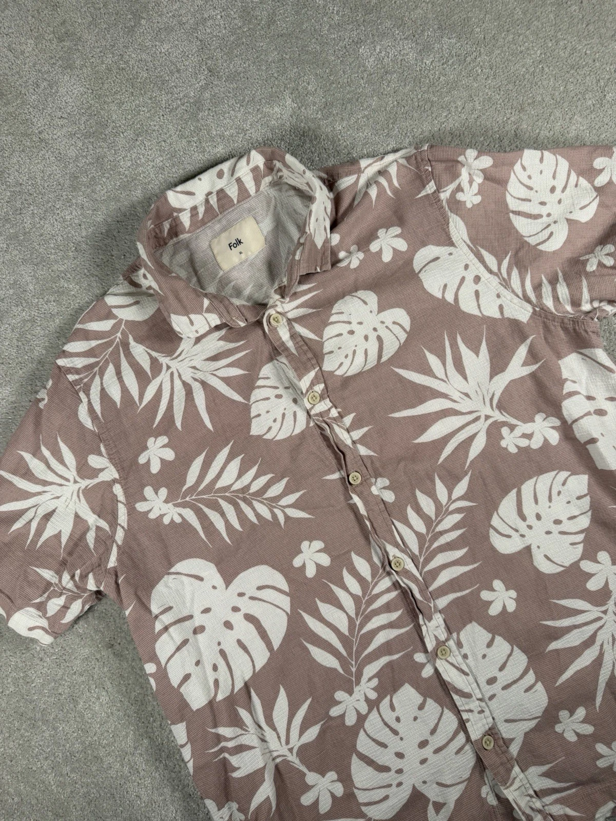 Folk Shirt Mens XL Brown White Hawaiian Floral Button Up Short Sleeve Cotton
