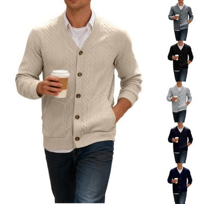Men's Autumn Winter Casual Cardigan Male Solid Color Buttoned Knit Cardigan Coat