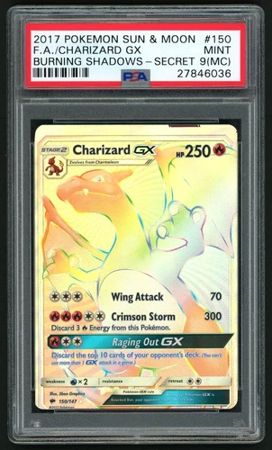 POKEMON CHARIZARD GX 2017 SUN & MOON BURNING SHADOWS SECRET FA PSA 9 *MISCUT*