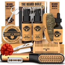 Beard Grooming Kit for Men: Straightener, Growth Oil, Wash, Brush, Comb, Balm, R