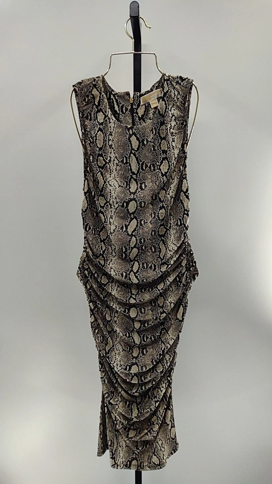 Michael Kors Printed Long Sleeve Ruched Midi Sheath Dress L