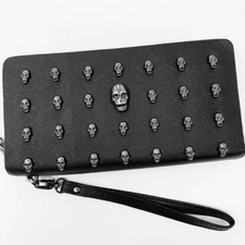 Thomas Wylde Goth Metal Skull Black Vegan Leather Wristlet Zip Around Wallet