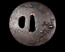 Giappone Antica Spada Giapponese Tsuba Periodo Edo Padiglioni Ferro Paesaggi Intarsio JP