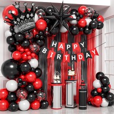 Red and Black Birthday Party Decorations, White Foil Balloons
