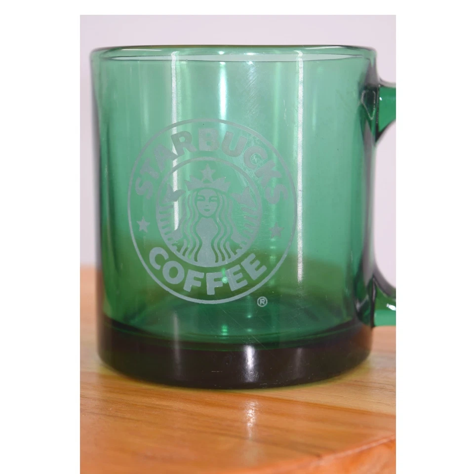 Juego de 2 tazas de café Starbucks vintage con logotipo de vidrio verde hechas en EE. UU. coleccionables Foto 3 de 4