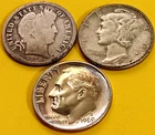 Barber and Mercury Dimes 90% Silver + 1969-S Proof Roosevelt 10¢