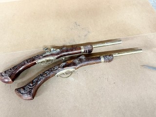 ANTIQUE DECORATIVE FLINTLOCK PISTOLS PAIR CARVED WOOD BRASS WALL DISPLAY