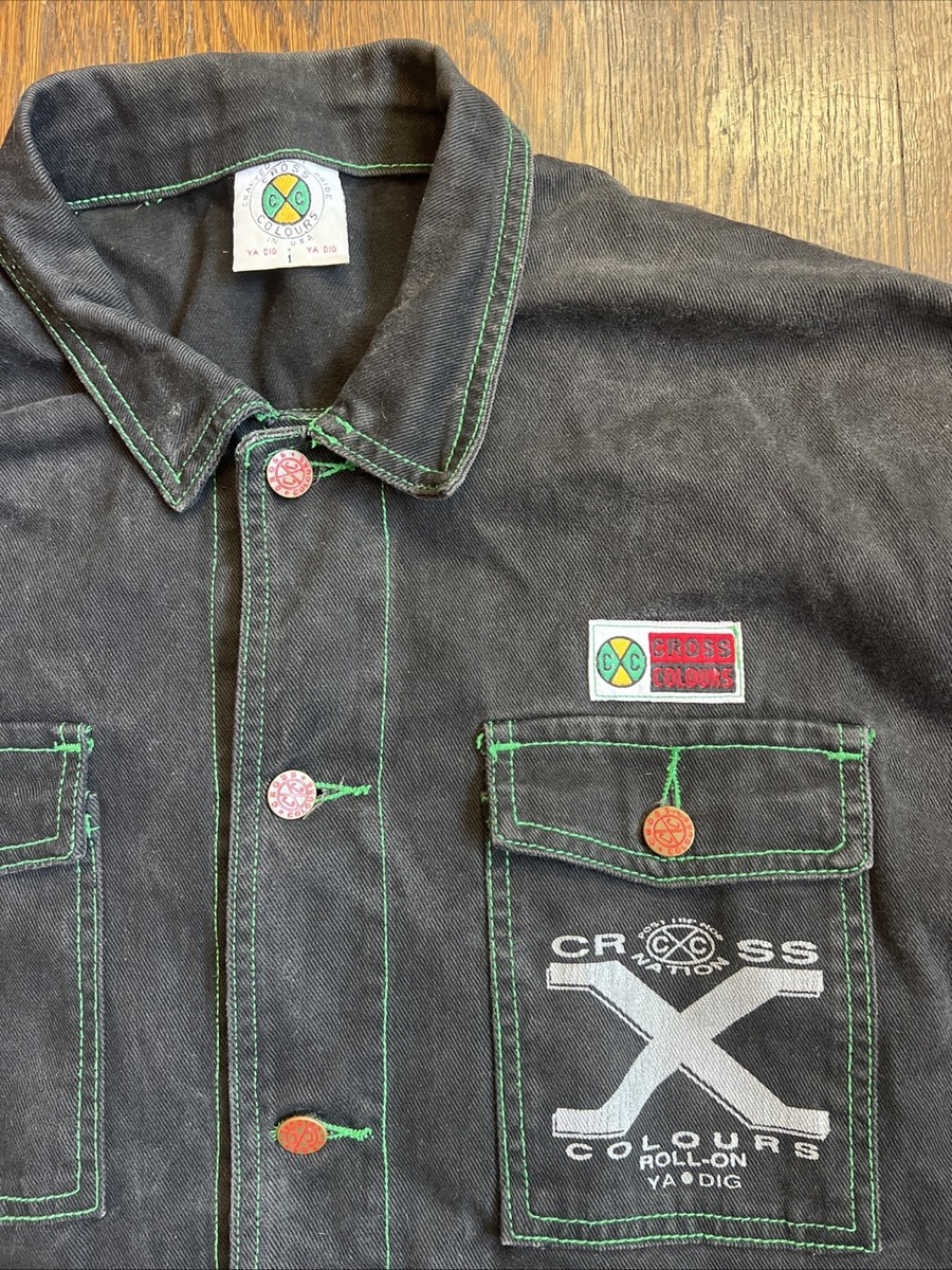 RARE 1990s Cross Colours Black Jean Jacket Big Print Logo With
