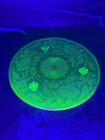 Vintage Depression Uranium Glass 3 Legged Cake Plate Flower/Rose Design GLOWS