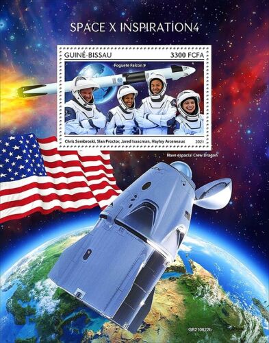 SPACEX INSPIRATION 4 Załoga Smok Astronauci Arkusz znaczków kosmicznych 2021 Gwinea Bissau - Zdjęcie 1 z 1