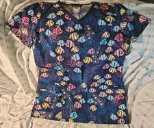 Cherokee Scrub Top, Dark Blue Sz X- Small, Fish, New with Tags,3 pockets 