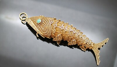 Pendentif Poisson Articulé Cloisonné En Laiton Émaillé – Bijou Vintage