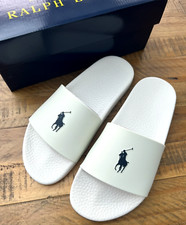 Image of RALPH LAUREN Polo Slides White Pony UK7 Sliders Flip Flop Pool Beach Gym GENUINE