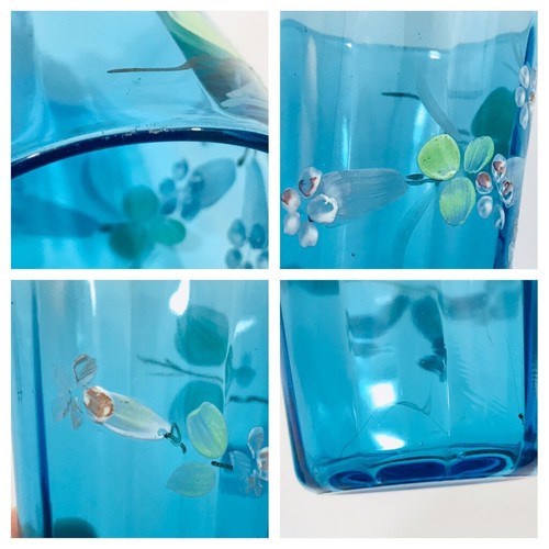 Vintage blau türkis 2 Gläser handbemalt Hartriegel Blumen Becher Saft Cocktails - Bild 9 von 12