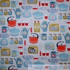 BonEful FABRIC FQ Cotton Quilt Blue Red American VTG Print Retro Antique Kitchen