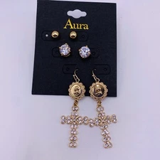 Aura Set of 3 Pairs Earrings Cross Gold Tone Rhinestone New