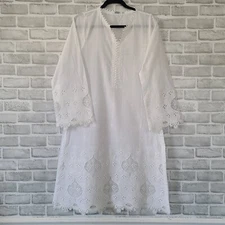 Image White Embroidered Eyelet Tunic Dress Cover Up Romantic Feminine Cottage M
