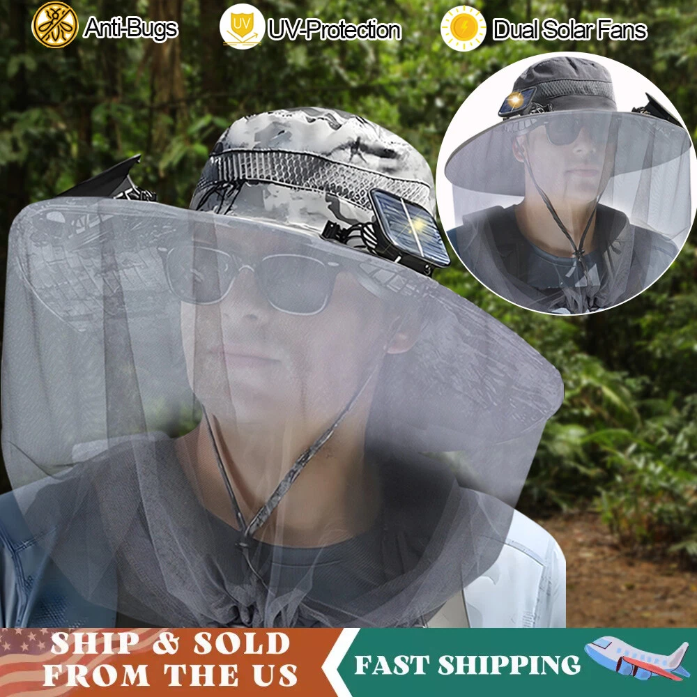 Sun Hats with Solar Fan Wide Brim Fishing Bucket Netting UV Protection Men Women