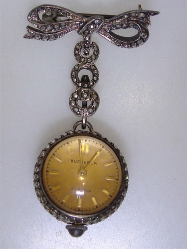 VINTAGE BUCHERER 17 JEWELS SKELETON BUBBLE WATCH PIN W/MARCASITES! WORKING!