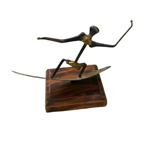 Vintage Handmade Brutalist Surfer Metal Statue Sculpture With Wood Base - Picture 2 of 6