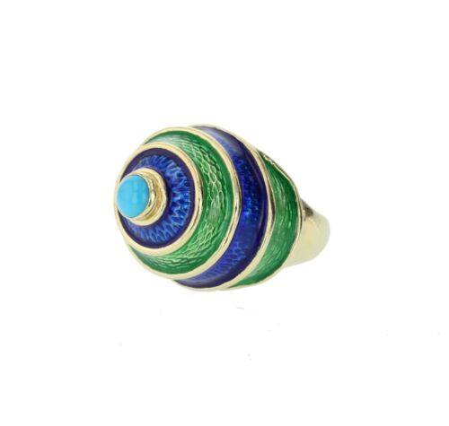 CELLINO 18KT Green and Blue Enamel Vintage Ring - image 1