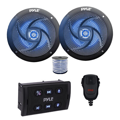 Pyle Marine Bluetooth Controller w/Mic, 2x 4'' 100W Blue LED Speaker (Black),Wire