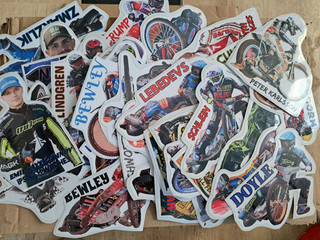 SELECTION OF 55 SPEEDWAY RIDER STICKERS ALL MEASURE APPROX 5" X 6"