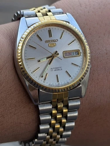 Seiko 5 Automatic Fluted Bezel 7009-3111 Two Tone Vintage Men's Watch Japan