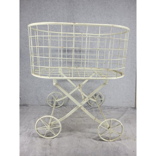 Vintage Style Metal Laundry Cart Basket Large Wheels Rolling Wire Design