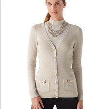 WHBM White House Black Market Gold Shimmer Cardigan L Pearl Dust V-Neck Rib Knit