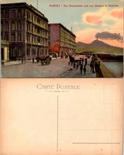 Napoli Italy Postcard Via Partenope Hotels Vesuvio  Collectible