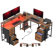 66" L Shaped Gaming Desk, Reversible, 105" 2 Person Computer Desk with File C...