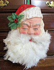 Vintage large paper mache Santa Head feather beard blue eyes