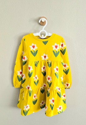 NWOT Mini Boden Dixie Tiered Sweatshirt Dress TropicalYellow Daffodil, 3/4-11/12