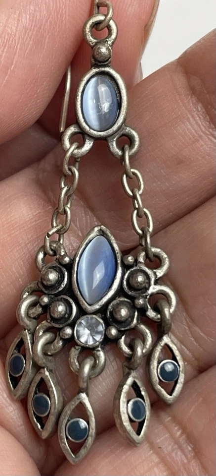 "Pendientes colgantes araña 2,25"" cuentas ojo de gato azul peltre acento de cristal" Foto 4 de 4