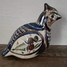 VTG Tonala Mexican Pottery Quail Bird Figurine Blue Folk Art Signed Santana