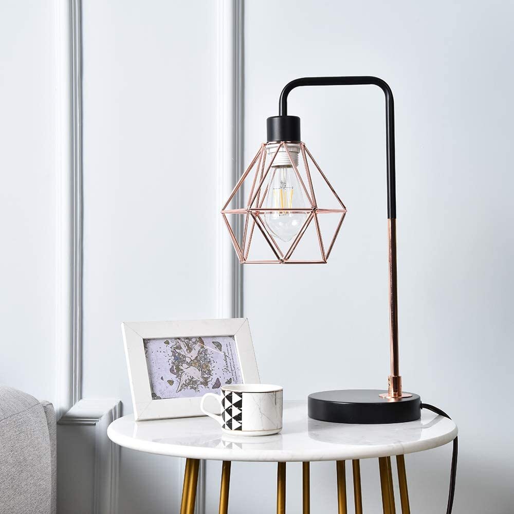 Industrial Table Lamp Rose Gold Bedside Lamp Geometric Cage Shade for