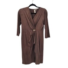 Vintage Faux Suede Mock Wrap 3/4 Sleeve Dress S Brown Stretch Native Peasant