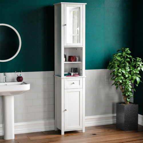 Priano Tall Bathroom Cabinet Mirrored Door Cupboard Storage Shelf Shelving Unit - Afbeelding 1 van 9