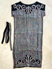 Vintage IRIDESCENT FULL SEQUIN BEADED 100 Silk BLACK DRESS belted 1980 BEAUTY 