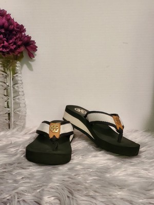 Women's Tory Burch Wedge Flip Flops~Black/Cream~GOLD LOGO~Size 6~VGC | eBay