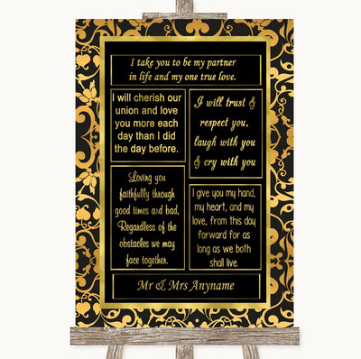Schwarz & Gold Damast Romantische Gelübde Personalisiert Hochzeit Schild