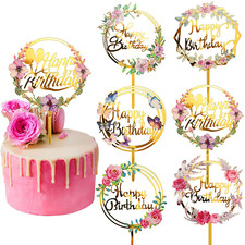 6 Pieces Happy Birthday Cake Toppers Gold Flower Acrylic Cake Toppers Acrylic Cu