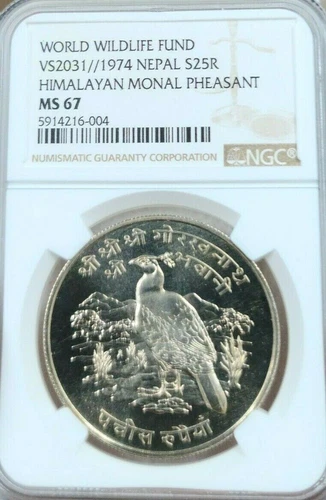 1974 NEPAL SILVER 25 RUPEE S25R HIMALAYAN MONAL PHEASANT NGC MS 67 SCARCE GEM