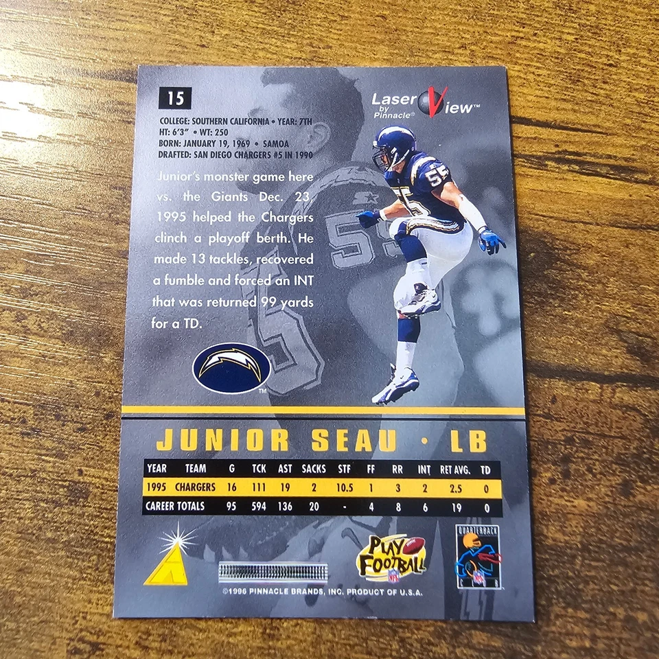 1996 Pinnacle Laser View Gold Junior Seau #15 HOF - Image 2 of 2