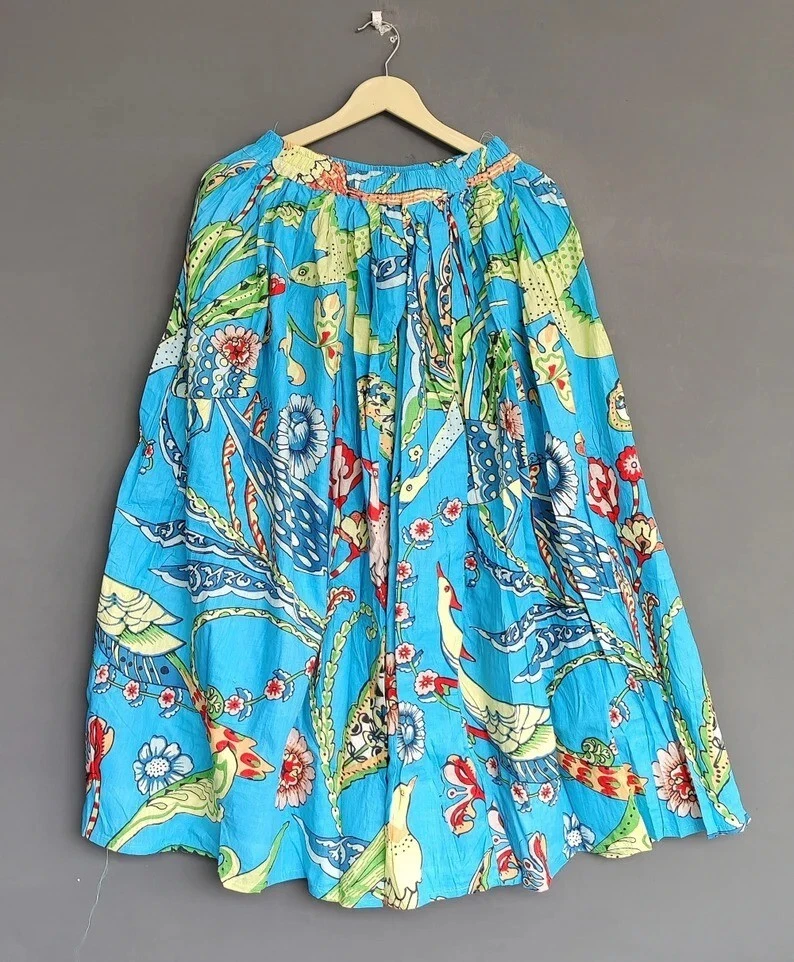 Indian Turquoise Bird Skirt Cotton Skirt, Long Skirt, Free Size Beach Wear AU