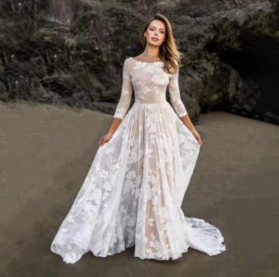 O-Neck Floral Applique Lace Wedding Dress Three Quarter Sleeves A-line Wedding